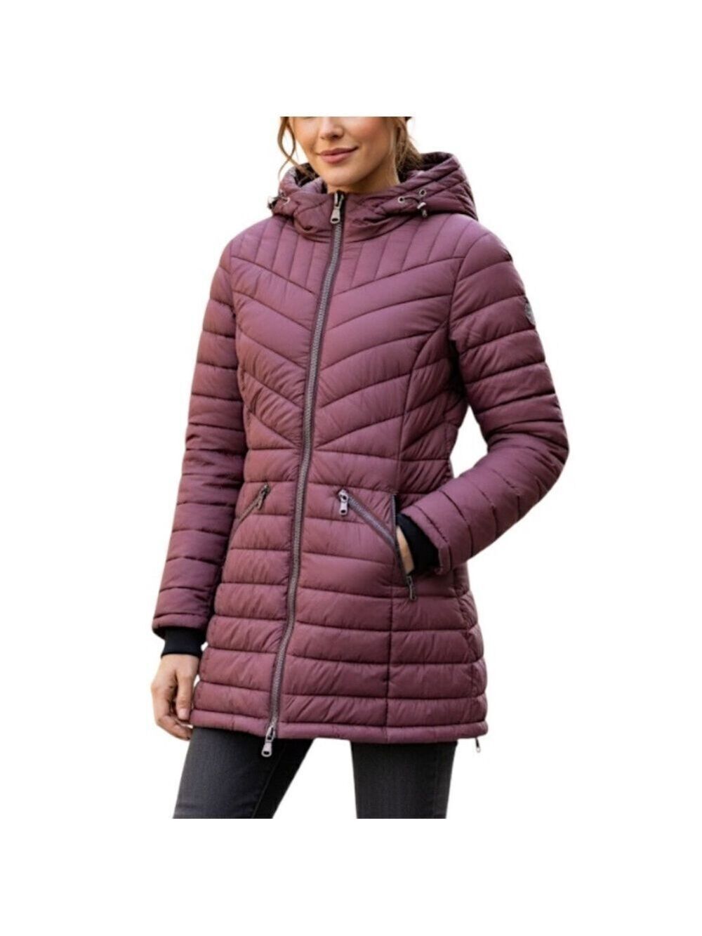PAJAR burgundy vegan fill hooded 3/4 length mid weight packable parka coat S